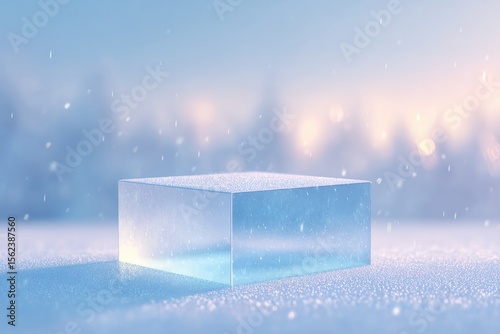 modern square podium with icy reflective surface positioned in snowy outdoor scene with visible snowflakes midair