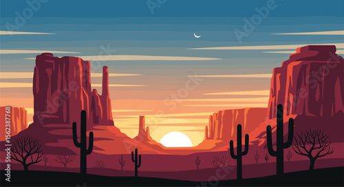 Pixel Art Desert Sunset Landscape with Mesas and Cacti