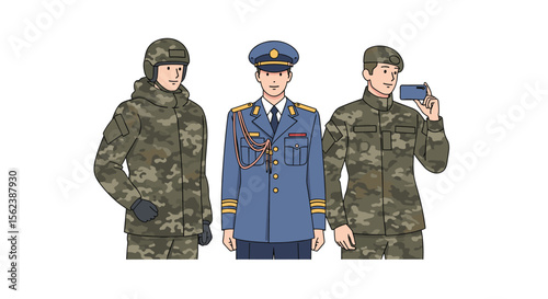 Three figures in military and formal attire showcasing different uniforms