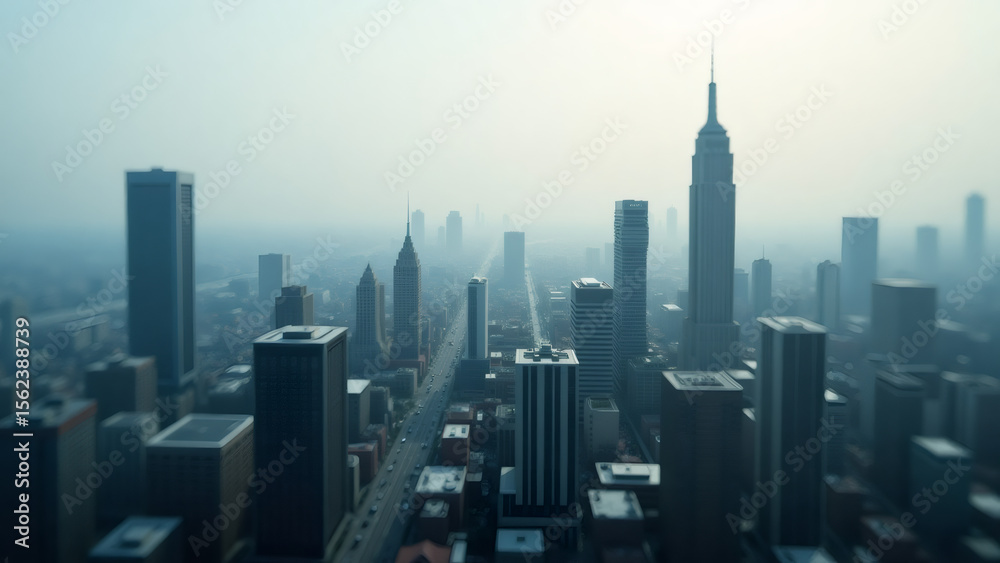 Fototapeta premium Cityscape Aerial View: Foggy Skyline with Skyscrapers and Distant Landmarks
