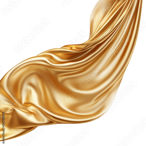 Elegant golden fabric draping gracefully on a white background showcasing texture and sheen, Golden Fabric Draping   On white background