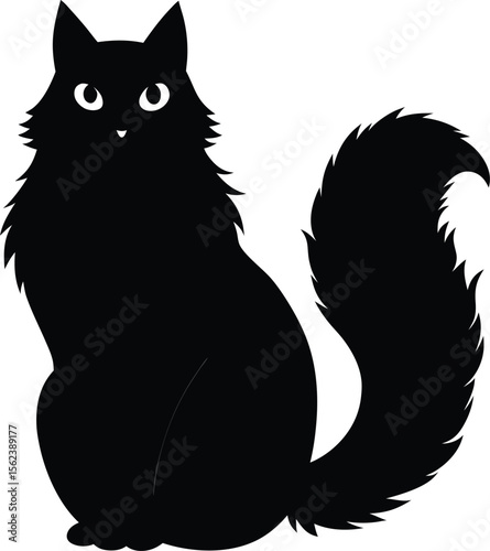 fluffy black cat silhouette sitting with big eyes and bushy tail