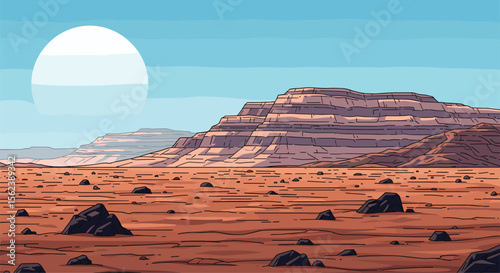 Pixel Art Desert Landscape With Large Planet In The Sky