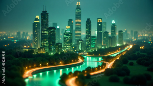 Futuristic Cityscape at Night with Illuminated River and Urban Park
