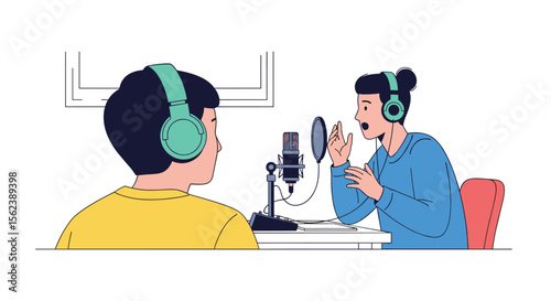 Two people wearing headphones in a recording studio with microphones