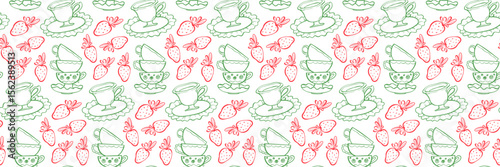 Whimsical seamless pattern with tea cups, strawberries and plates. Vintage Tea Time with strawberry. For packaging, fabric, stationery and branding. Hand drawn vector illustration in doodle style