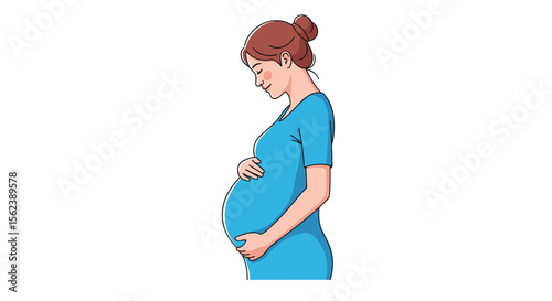 Woman Holding Pregnant Belly in a Blue Dress