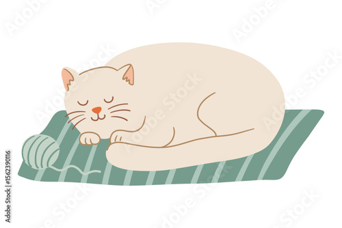 Cute cream-colored cat sleeping on a green striped blanket with a ball of yarn. Cozy autumn hygge scene in hand drawn flat style