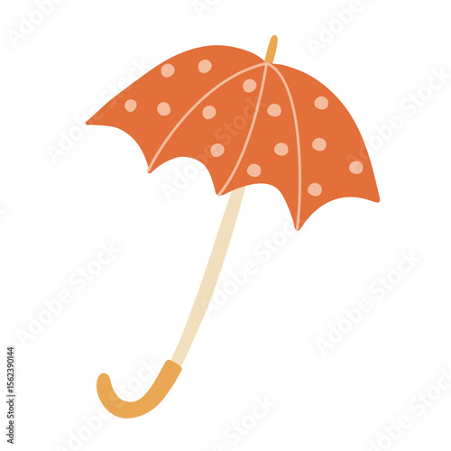 Flat vector illustration of a polka dot umbrella in warm autumn colors. Perfect for cozy fall themed designs and rainy day concepts.