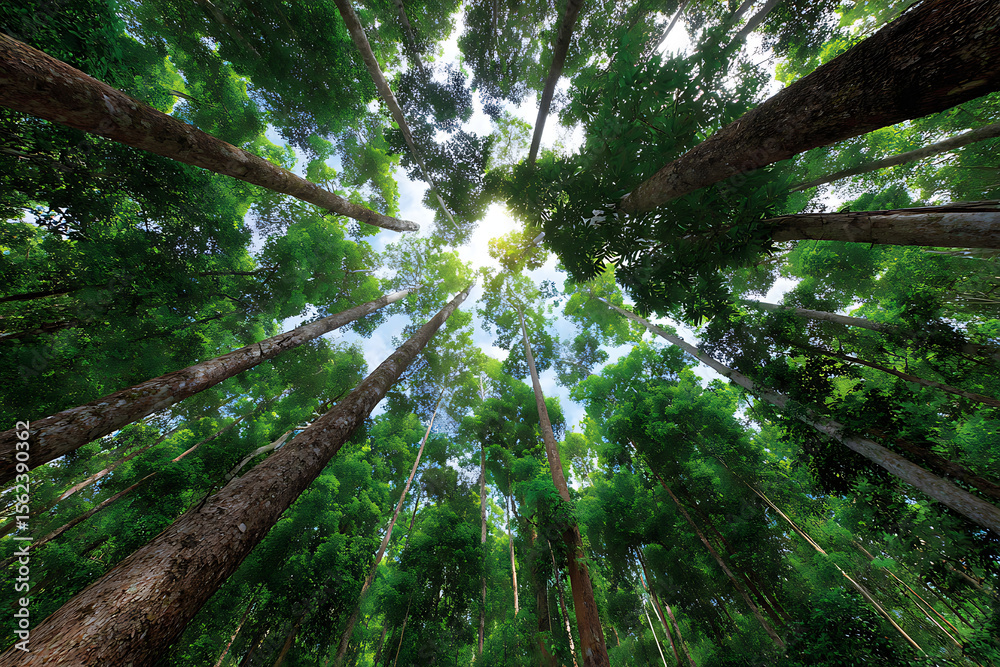 Fototapeta premium Towering green trees reaching towards bright sky forest canopy