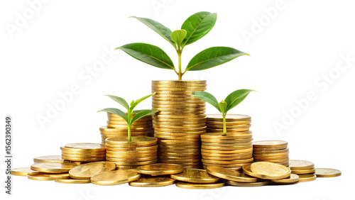 Stacks of golden coins with green plants growing from them are isolated on transparent background, symbolizing financial growth