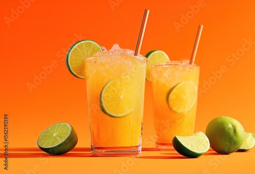 Two orange lemonade sodas with lime, refreshing summer drinks on vibrant background, color, commercial. High quality