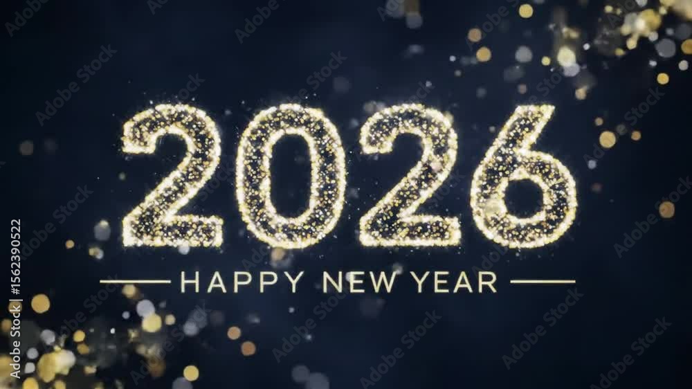 An elegant and sophisticated animation featuring the numbers 2026 and text Happy New Year formed from shimmering golden and silver glitter particles, with drifting bokeh