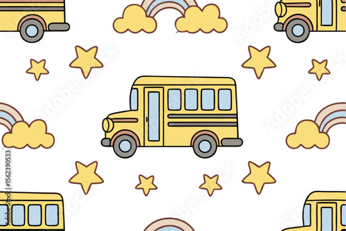 Seamless Childish Vector Pattern School Bus, Rainbow, Stars