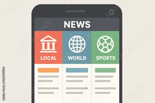 Digital news interface on smartphone with local, world, sports categories displayed in colorful