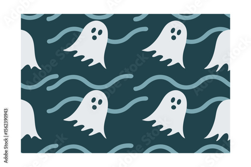 Repeating pattern ghost figures with three eye dots wavy blue lines on dark teal