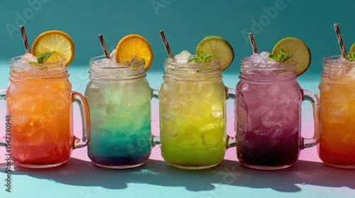Colorful layered drinks in mason jars refreshing summer beverage photography. High quality
