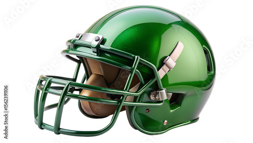 A shiny green american football helmet with a face mask is isolated on transparent background, ready for the big game