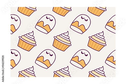 Halloween themed pattern with cupcakes ghost shaped desserts in orange on a light
