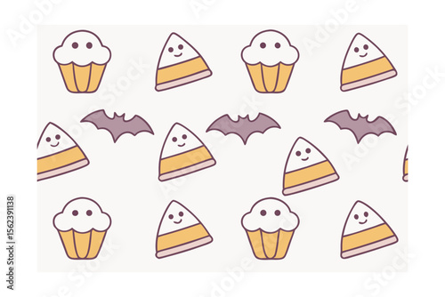 Halloween themed pattern with cupcakes candy corn bats on a vector