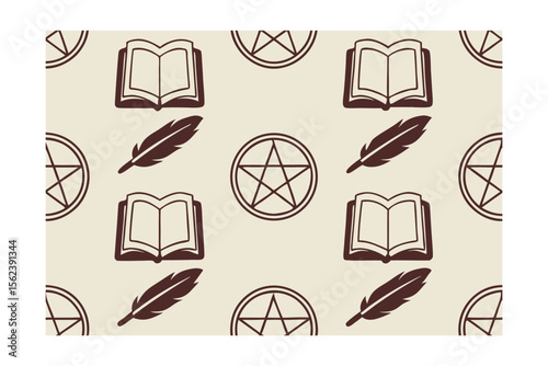 Brown open spellbooks feather pens pentagrams star symbols pattern on beige vector
