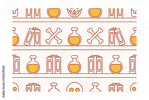 Orange brown line art pattern with potion bottles books bones witchy symbols on shelves