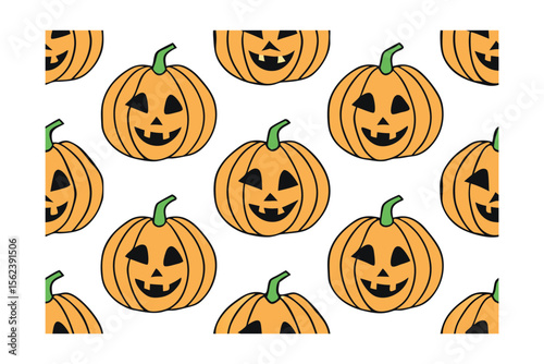 Seamless repeating orange jack o lanterns with carved faces green stems on pumpkin