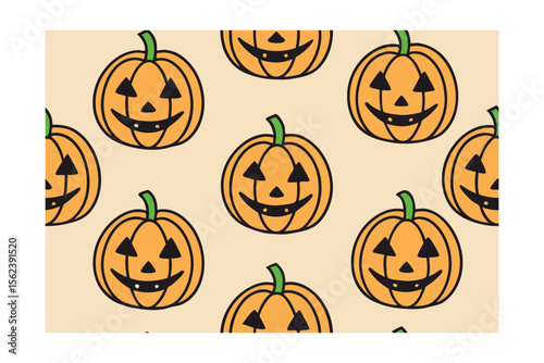 Repeating orange jack o lanterns with faces green stems on beige pumpkin halloween