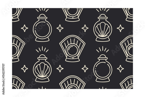 Beige line art pattern potion bottles crystal balls stars on a dark vector