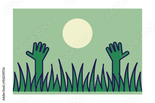Green zombie hands rising from grass with a pale yellow circle in a light green pattern