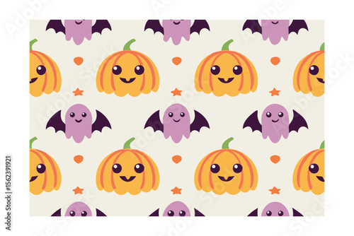 Halloween pattern featuring smiling pumpkins ghosts bats stars orange dots on a cream
