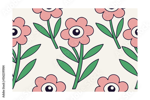 Pink eyeball flowers with green leaves on stems repeating pattern design on cream
