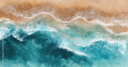Fototapeta Naklejka Na Ścianę i Meble -  Aerial view beach by watercolor brush painting in brown sand and blue green sea wave for backgrounds or banner in concept relax, vacation, holiday or summer. High quality