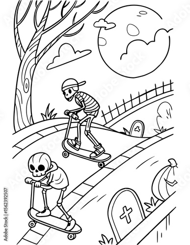 Skeleton’s Skate Park Halloween coloring page