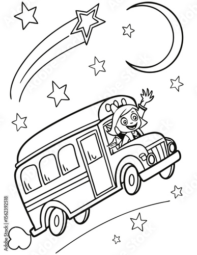Witch School Bus Halloween coloring page