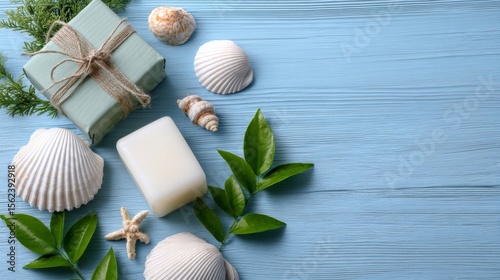 Cosmetic flat lay with seashells and gift boxes on a blue table. A perfect background for promoting cosmetic products and gift sets.