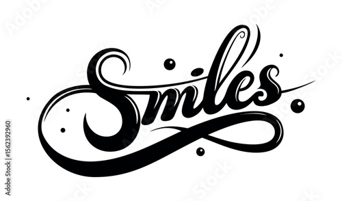 Elegant black and white calligraphy word smiles with swirls and bubbles
