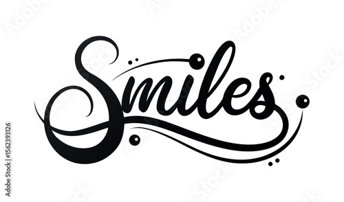 Elegant black cursive calligraphy word smiles with decorative dots and swirls