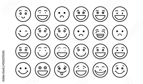 Collection of diverse smiley faces and emojis expressing various emotions in a clean outline style
