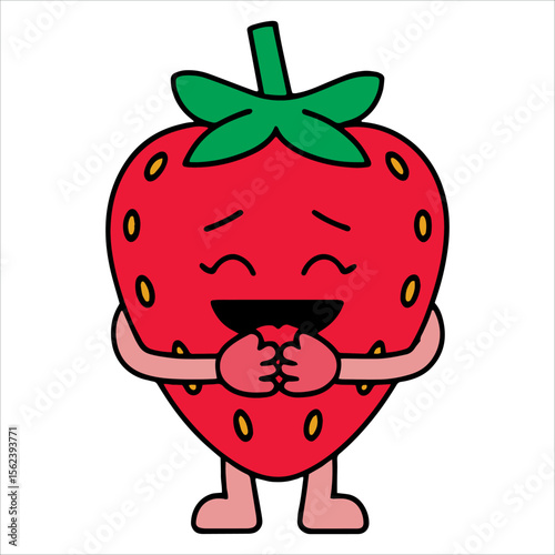 Adorable strawberry character with arms, legs, and cheerful smile illustration. Perfect for pop culture merch and kids nutrition education.