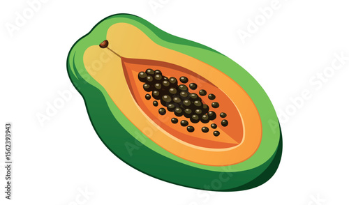 Ripe papaya fruit cut in half showing orange flesh and black seeds
