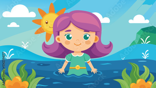 Cartoon Girl with Purple Hair Wading in Water Under a Bright Sun