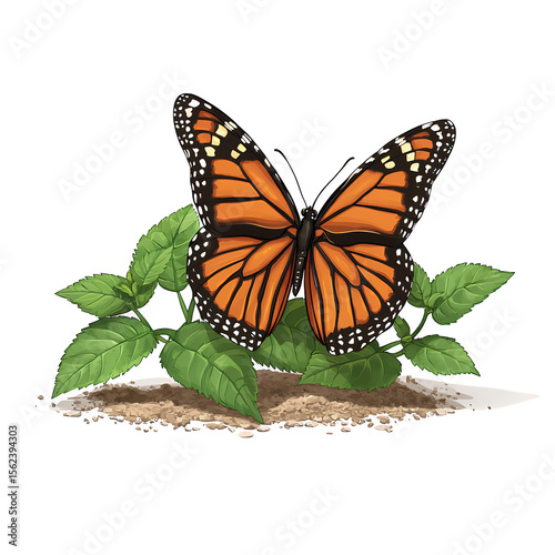 Orange monarch butterfly with black borders and white dots on its wings, perched on vibrant green leaves and brown soil, with transparent background. Detailed illustration of insect and foliage.