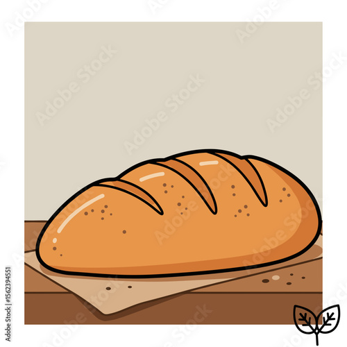 Freshly baked loaf of bread on wooden surface with simple backdrop  
