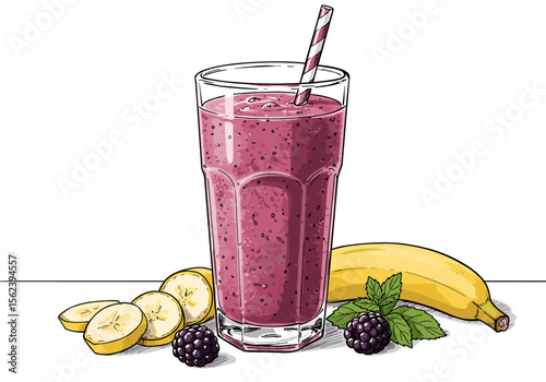 Smoothie in glass with banana and blackberries on white background  