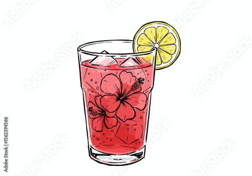 Refreshing pink beverage with ice and lemon slice on white background  