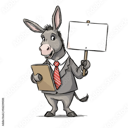 Cartoon donkey wearing a suit holding a sign and clipboard  