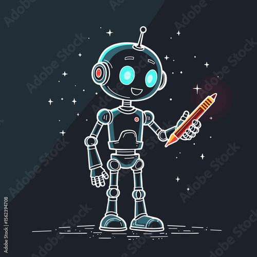 Cartoon robot holding a pencil with a cheerful expression in space  