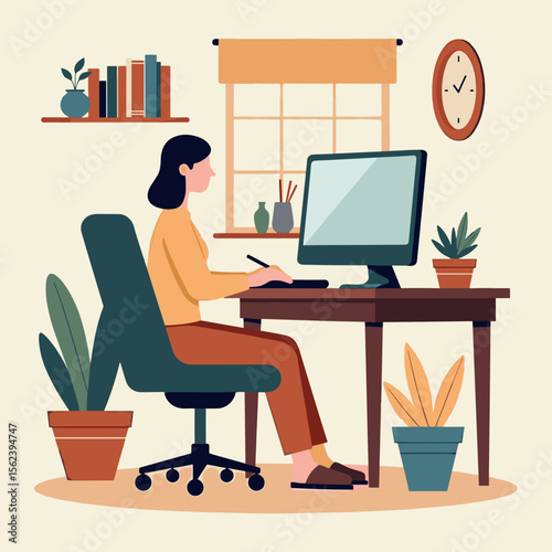 Woman working at desk with computer and houseplants in home office  