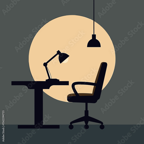 Minimalist workspace with desk lamp and ergonomic chair at night  
